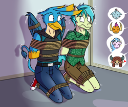 Size: 1288x1080 | Tagged: safe, artist:jde10, gallus, ocellus, sandbar, silverstream, smolder, yona, anthro, plantigrade anthro, g4, arm behind back, belt, bondage, bound wings, clothes, converse, duo, duo male, head, heart, hoodie, jeans, kneeling, looking at each other, male, offscreen character, pants, rope, rope bondage, shirt, shoes, shorts, sneakers, speech bubble, squirming, student six, sweat, sweatdrops, tied up, wings, worried