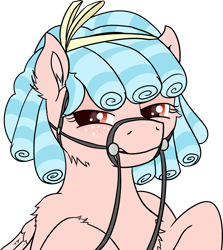 Size: 3770x4229 | Tagged: safe, alternate version, artist:poniidesu, cozy glow, pegasus, pony, g4, bedroom eyes, bit, blushing, bondage, bow, bridle, bust, cozy glow is not amused, cozybetes, cozybuse, cute, female, filly, foal, looking at you, reins, simple background, solo, tack, transparent background