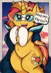 Size: 1435x2048 | Tagged: safe, artist:canvymamamoo, sunburst, pony, unicorn, g4, belly button, bipedal, blushing, bronybait, cape, chest fluff, clothes, cute, fluffy, glasses, heart, hug request, male, open mouth, smiling, solo, stallion, sunbetes