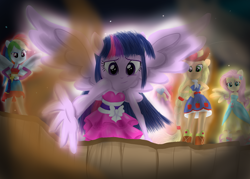 Size: 3500x2500 | Tagged: safe, artist:vicakukac200, applejack, fluttershy, pinkie pie, rainbow dash, twilight sparkle, alicorn, equestria girls, g4, my little pony equestria girls, clothes, cute, dress, fall formal outfits, high res, ponied up, puppy dog eyes, scene interpretation, twiabetes, twilight sparkle (alicorn)