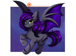 Size: 3430x2524 | Tagged: safe, artist:pridark, oc, oc only, bat pony, pony, abstract background, bat pony oc, bat wings, coat markings, cute, cute little fangs, ear fluff, fangs, female, flying, high res, looking at you, mare, patreon, patreon logo, solo, spread wings, wings