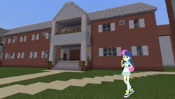 Size: 1334x750 | Tagged: safe, artist:razethebeast, edit, editor:topsangtheman, bon bon, sweetie drops, equestria girls, g4, female, game screencap, houses, looking at you, minecraft, photoshop