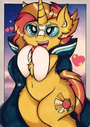 Size: 1441x2048 | Tagged: safe, alternate version, artist:canvymamamoo, sunburst, earth pony, pony, unicorn, g4, belly button, bipedal, cape, chest fluff, clothes, coat markings, cute, glasses, heart, hooves together, male, open mouth, smiling, socks (coat markings), solo, stallion, sunbetes, underhoof