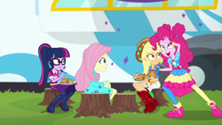 Size: 1920x1080 | Tagged: safe, screencap, applejack, fluttershy, pinkie pie, sci-twi, twilight sparkle, equestria girls, equestria girls specials, g4, my little pony equestria girls: better together, my little pony equestria girls: sunset's backstage pass, female, food, pancakes, shoes, sneakers, tree stump