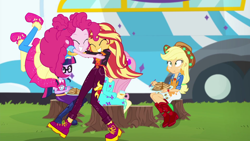 Size: 1920x1080 | Tagged: safe, screencap, applejack, fluttershy, pinkie pie, sci-twi, sunset shimmer, twilight sparkle, equestria girls, equestria girls specials, g4, my little pony equestria girls: better together, my little pony equestria girls: sunset's backstage pass, cute, female, food, pancakes, tree stump, twirl