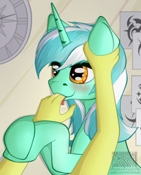 Size: 805x1001 | Tagged: safe, artist:virenth, lyra heartstrings, pony, unicorn, g4, drool, ear grab, fetish, finger in mouth, hand, hand fetish, that pony sure does love hands, watermark