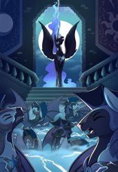 Size: 1300x1900 | Tagged: safe, artist:28gooddays, nightmare moon, alicorn, bat pony, pegasus, pony, g4, armor, eyes closed, female, gritted teeth, guard, headcanon, lightning, magic, male, mare, moon, night, night guard, open mouth, royal guard, spread wings, stallion, transformation, unwilling transformation, wings