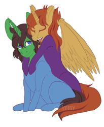 Size: 810x986 | Tagged: safe, artist:grimmjawls, oc, oc:aspen, oc:ryan, alicorn, pony, alicorn oc, bodysuit, catsuit, couple, eyes closed, female, hippie, horn, hug, hug from behind, latex, latex suit, male, peace suit, peace symbol, rubber suit, ryspen, simple background, smiling, straight, transparent background