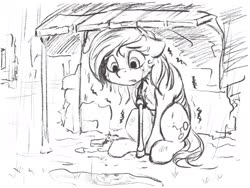 Size: 2048x1536 | Tagged: safe, artist:alcor, oc, oc only, oc:tripone, earth pony, pony, rat, fallout equestria, series:tripone adventures, amputee, crying, female, mare, monochrome, prosthetic limb, prosthetics, shivering