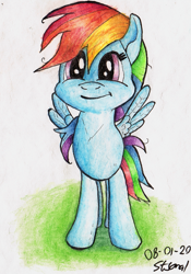 Size: 1211x1728 | Tagged: safe, artist:stjonal, rainbow dash, pegasus, pony, g4, cute, dashabetes, female, simple background, smiling, solo, traditional art, watercolor painting, wings