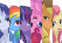 Size: 4093x2894 | Tagged: safe, artist:yanamosuda, applejack, fluttershy, pinkie pie, rainbow dash, rarity, twilight sparkle, earth pony, pegasus, pony, unicorn, g4, blushing, bust, cowboy hat, cute, female, hat, high res, looking at you, mane six, mare, open mouth, portrait, side by side, upside down