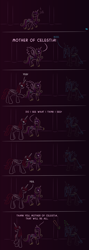 Size: 960x2700 | Tagged: safe, artist:quint-t-w, princess cadance, queen chrysalis, oc, oc:fausticorn, alicorn, changeling, changeling queen, pony, g4, alicorn oc, baseball bat, boo, comic, covering, dialogue, female, gradient background, horn, levitation, magic, minimalist, modern art, mother of celestia, music notes, old art, reference, scared, sheep in the big city, telekinesis, youtube link in the description