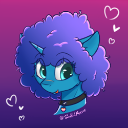 Size: 800x800 | Tagged: safe, artist:soulfulmirror, oc, oc only, oc:cyanus blues, pony, unicorn, afro, bust, choker, female, gradient background, horn, portrait, scar, solo, tongue out