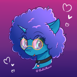 Size: 800x800 | Tagged: safe, alternate version, artist:soulfulmirror, oc, oc:cyanus blues, pony, unicorn, afro, bust, choker, female, glasses, gradient background, horn, portrait, scar, solo, tongue out