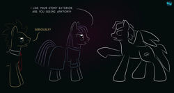Size: 750x403 | Tagged: safe, artist:quint-t-w, part of a set, doctor whooves, maud pie, time turner, earth pony, pony, clothes, crossover, dialogue, doctor who, doctor whooves is not amused, gradient background, minimalist, modern art, necktie, old art, ponified, rock, sharp teeth, shipping, statue, teeth, that pony sure does love rocks, the doctor, weeping angel, weeping pegasus