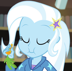 Size: 684x676 | Tagged: safe, screencap, trixie, equestria girls, equestria girls series, forgotten friendship, g4, carrot, clothes, cropped, eyes closed, female, food, solo