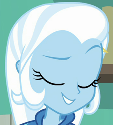 Size: 351x390 | Tagged: safe, screencap, trixie, equestria girls, equestria girls specials, g4, my little pony equestria girls: better together, my little pony equestria girls: forgotten friendship, clothes, cropped, eyes closed, female, raised eyebrow, solo