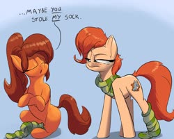 Size: 2000x1600 | Tagged: safe, artist:rocket-lawnchair, oc, oc only, oc:maven, oc:rusty gears, earth pony, pony, clothes, crossed arms, dialogue, duo, eyes closed, female, freckles, mare, scarf, socks, striped socks