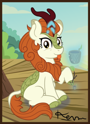 Size: 1704x2328 | Tagged: safe, artist:povitato, autumn blaze, kirin, g4, :p, autumn blaze's puppet, cloven hooves, female, glowing horn, horn, looking at you, magic, peaks of peril, raised hoof, sitting, solo, telekinesis, tongue out