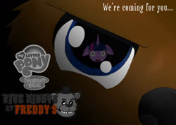 Size: 1517x1074 | Tagged: safe, artist:nigel5469, twilight sparkle, g4, animatronic, crossover, eye reflection, fanfic, fanfic art, fanfic cover, female, five nights at freddy's, floppy ears, freddy fazbear, mare, reflection, scared