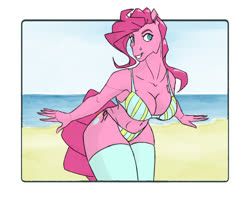 Size: 1400x1120 | Tagged: safe, artist:akweer, pinkie pie, anthro, g4, beach, bikini, breasts, busty pinkie pie, cleavage, clothes, female, ocean, sand, smiling, solo, striped swimsuit, swimsuit