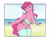Size: 1400x1120 | Tagged: dead source, safe, artist:akweer, pinkie pie, earth pony, anthro, g4, beach, bikini, breasts, busty pinkie pie, cleavage, clothes, female, ocean, sand, smiling, solo, striped swimsuit, swimsuit