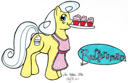 Size: 842x546 | Tagged: safe, artist:hollyann, oc, oc only, oc:buttercream, earth pony, pony, apron, clothes, cupcake, earth pony oc, female, food, housewife, mare, mouth hold, naked apron, simple background, solo, text, traditional art, tray, white background