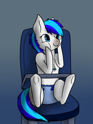 Size: 754x1000 | Tagged: safe, artist:luna midnight kurai, oc, oc:hooklined, earth pony, pony, chair, diaper, female, filly, highchair, not shining armor, not vinyl scratch, pacifier