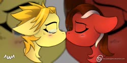 Size: 2048x1024 | Tagged: safe, artist:obscuredragone, oc, oc:cadenza heartsong, oc:pop star, pony, big ears, blushing, bust, couple, cute, eyes closed, floppy ears, fluffy, glasses, holiday, kissing, male, oc x oc, red fur, red mane, shipping, stallion, uwu, valentine's day, ych result, zoom layer