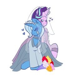 Size: 1024x1024 | Tagged: safe, artist:usagi-kinnie, starlight glimmer, trixie, pony, unicorn, g4, blushing, clothes, dress, eyes closed, female, grin, heart, lesbian, mare, marriage, ship:startrix, shipping, simple background, smiling, transparent background, wedding, wedding dress
