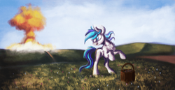 Size: 700x360 | Tagged: safe, artist:hagalazka, oc, oc only, oc:hooklined, earth pony, pony, basket, blue sky, flower, flower picking, nuclear explosion, scenery, solo, surprised, this will not end well