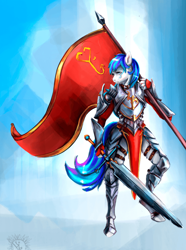 Size: 700x940 | Tagged: artist needed, safe, oc, oc:hooklined, earth pony, anthro, armor, face tattoo, female, flag, gauntlet, knight, longsword
