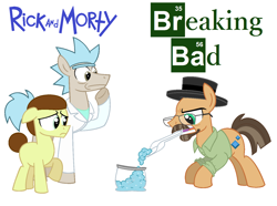 Size: 1376x1024 | Tagged: safe, artist:vgc2001, heisenbuck, pony morty, pony rick, earth pony, pony, g4, grannies gone wild, beard, breaking bad, clothes, colt, crossover, drugs, erlenmeyer flask, facial hair, glasses, hat, heisenberg, lab coat, logo, male, meth, morty smith, ponified, reference, rick and morty, rick sanchez, stallion, walter white