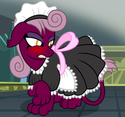 Size: 2118x1984 | Tagged: safe, artist:badumsquish, derpibooru exclusive, the sphinx, sphinx, g4, accessory swap, angry, apron, blushing, bow, clothes, cute, dress, dress up, embarrassed, female, floppy ears, french maid, frown, glare, gritted teeth, headwear, looking away, maid, pyramid, raised hoof, sharp teeth, solo, somnambula (location), sphinxdorable, teeth