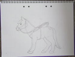 Size: 1210x914 | Tagged: safe, artist:chili19, oc, oc only, oc:mirre, pony, bridle, female, irl, lineart, mare, notepad, photo, solo, tack, traditional art