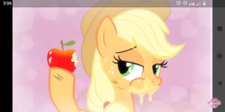 Size: 1440x720 | Tagged: safe, screencap, applejack, earth pony, pony, g4, simple ways, apple, apple juice, eating, female, food, heart, herbivore, hoof hold, juice, mare, out of context, screenshot failure, solo, stupid sexy applejack, suggestive eating, sweat, watermark