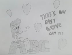 Size: 1345x1028 | Tagged: safe, artist:octascratchrock, octavia melody, equestria girls, g4, abc, female, grayscale, heart, jackson 5, looking at you, love, lyrics, monochrome, music, solo, text, traditional art