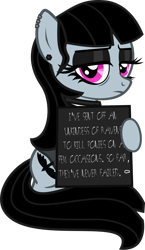 Size: 562x966 | Tagged: safe, artist:lightningbolt, derpibooru exclusive, oc, oc only, oc:goth lass, earth pony, pony, g4, .svg available, bags under eyes, black sclera, clothes, dyed mane, dyed tail, ear piercing, earring, eyeliner, eyeshadow, female, goth, gothic, hoof hold, implied murder, jewelry, lidded eyes, looking at you, makeup, mare, piercing, pony shaming, shirt, show accurate, sign, simple background, sitting, skirt, solo, svg, tattoo, transparent background, vector