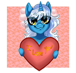 Size: 913x875 | Tagged: safe, artist:criilock, oc, oc:fleurbelle, alicorn, pony, :3, adorabelle, adorable face, alicorn oc, bow, cute, hair bow, heart, hearts and hooves day, holding, horn, smiling, smiling at you, yellow eyes