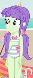 Size: 2048x4757 | Tagged: safe, screencap, starlight, equestria girls, equestria girls series, g4, lost and found, bandeau, bare shoulders, beach, bikini, clothes, cropped, female, high waisted bikini, sleeveless, solo, strapless, striped swimsuit, swimsuit