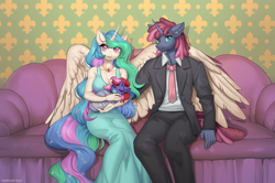 Size: 1356x900 | Tagged: safe, artist:margony, princess celestia, oc, alicorn, unicorn, anthro, g4, anthro oc, baby, baby pony, beautiful, breasts, busty princess celestia, canon x oc, clothes, dress, ethereal mane, family, family photo, father and child, father and daughter, female, filly, flowing mane, handsome, hug, male, mare, momlestia, mother and child, mother and daughter, multicolored mane, necktie, offspring, pacifier, parent:princess celestia, parents:canon x oc, shipping, sleeping, stallion, straight, suit, swaddling, winghug