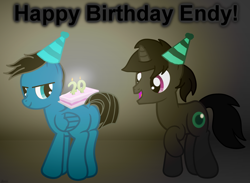 Size: 3529x2590 | Tagged: safe, artist:agkandphotomaker2000, oc, oc:endy, oc:pony video maker, pegasus, pony, unicorn, birthday, birthday cake, birthday card, butt, cake, candle, food, hat, high res, party hat, plot