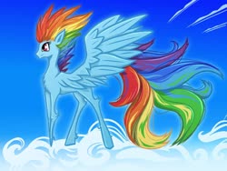 Size: 1280x960 | Tagged: safe, artist:liz-kotlin, rainbow dash, pegasus, pony, g4, cloud, female, mare, on a cloud, sky, smiling, solo, spread wings, wings
