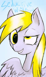 Size: 614x1024 | Tagged: safe, artist:whitenoiseghost, derpy hooves, pegasus, pony, g4, bust, female, mare, seductive wink, solo, text