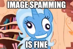 Size: 608x410 | Tagged: safe, trixie, pony, unicorn, turnabout storm, g4, caption, derp, female, golden oaks library, image macro, imgflip, mare, meme, op is a duck, op is trying to start shit, solo, text