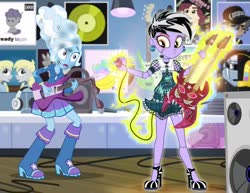 Size: 1000x773 | Tagged: safe, artist:pixelkitties, derpy hooves, maud pie, princess celestia, trixie, equestria girls, g4, alternate hairstyle, boots, bride of frankenstein, daft punk, ear piercing, earring, electric guitar, electricity, frankie stein, guitar, high heels, jewelry, monster high, musical instrument, necktie, piercing, shoes
