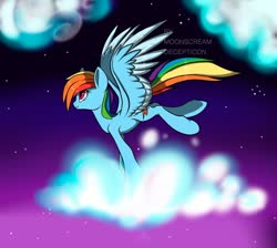 Size: 1024x919 | Tagged: safe, artist:moonscream decepticon, rainbow dash, pegasus, pony, g4, cloud, cute, female, mare, night, night sky, on a cloud, sky, smiling, solo, spread wings, wings
