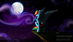 Size: 1920x1113 | Tagged: safe, artist:moonscream decepticon, rainbow dash, pegasus, pony, g4, beautiful, cliff, cloud, eyes closed, female, hooves, long tail, mare, night, night sky, raised hoof, sky, solo, spread wings, stars, wings