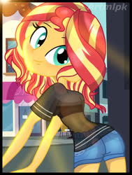 Size: 1799x2378 | Tagged: safe, artist:artmlpk, sunset shimmer, equestria girls, g4, adorasexy, alternate hairstyle, ass, beautiful, blushing, bra, butt, clothes, crop top bra, cute, denim shorts, design, female, hair, looking at you, looking back, looking back at you, looking over shoulder, see-through, see-through shirt, sexy, shimmerbetes, short hair, shorts, smiling, smiling at you, solo, sultry pose, tomboy, underwear