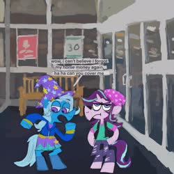 Size: 2048x2048 | Tagged: safe, artist:cate wurtz, starlight glimmer, trixie, pony, unicorn, semi-anthro, g4, arm hooves, beanie, bipedal, clothes, dialogue, equestria girls outfit, hat, high res, mall, unamused